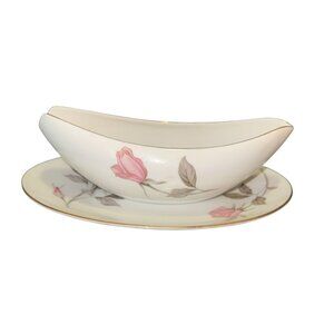 Sango Japan Nancy Fine China Gravy Boat & Saucer Set With Pink Floral Design